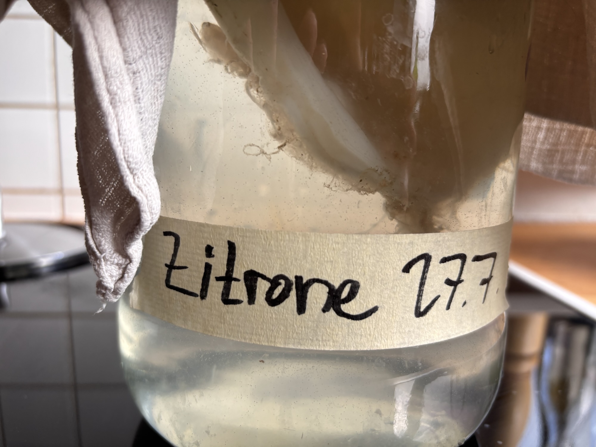 A large glass jar full of it, cloudy liquid covered in cloth. There’s a bit of sticky tape on it saying lemon July 27.